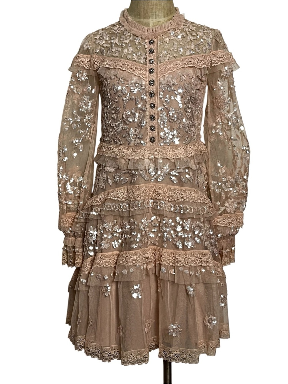 Needle & Thread Ava Pink Embellished Romantic Coquette Sequin Lace Mini Dress 2